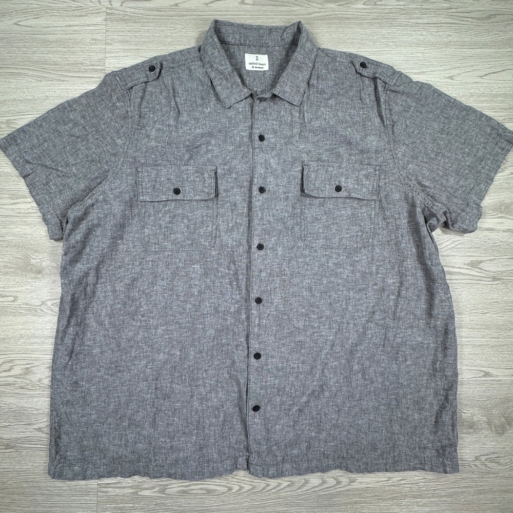 Mutual Weave Mens‎ Shirt 3XL Grey Linen Cotton Short Sleeve Button Down Epaulets